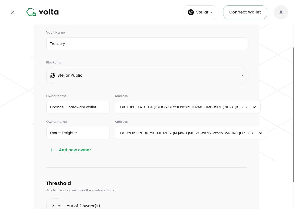 The Create Vault form on Stellar Public, with two named owners and the threshold set to 2 of 2