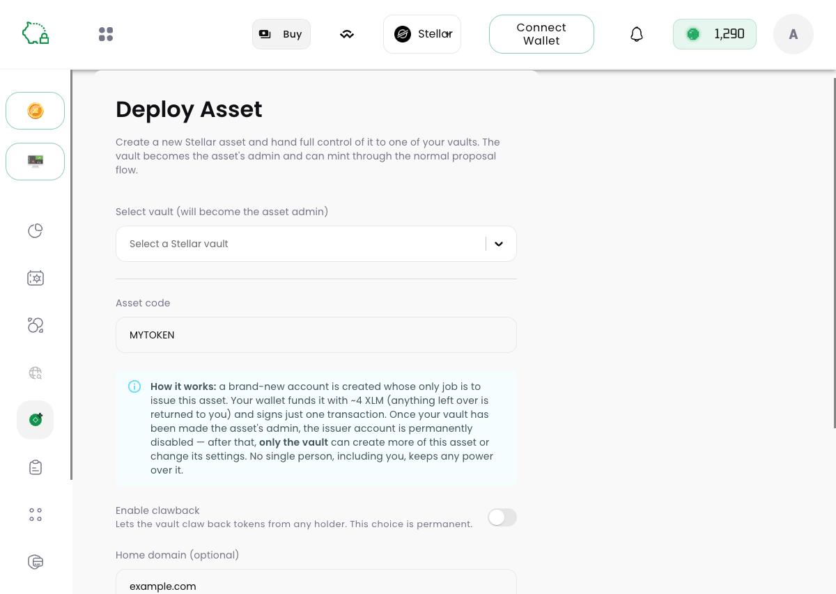The Deploy Asset form with an asset code filled in, the how-it-works explanation, and the Enable clawback toggle