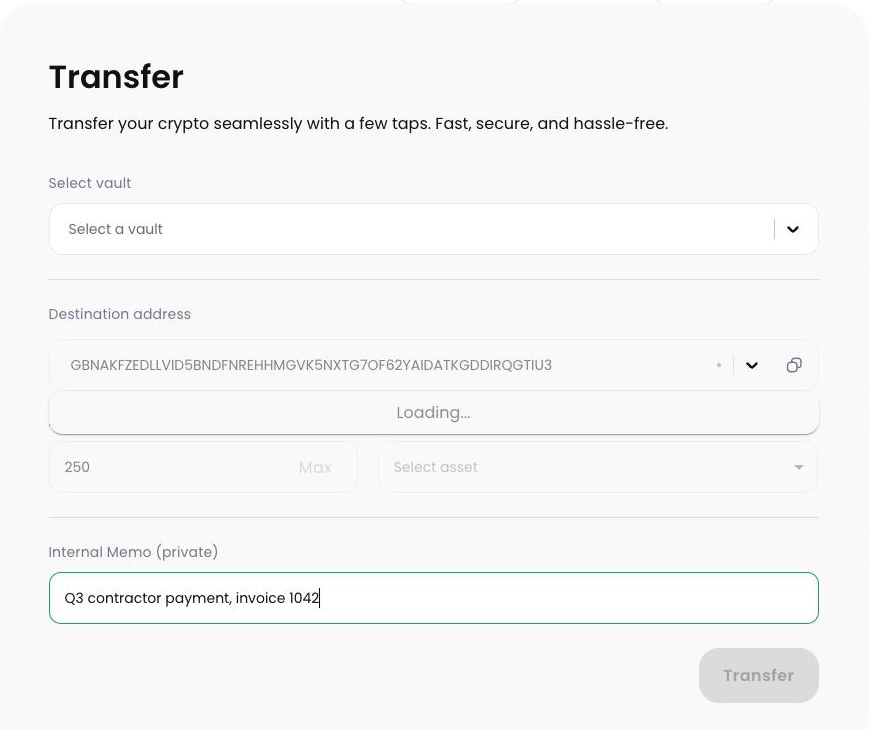 The transfer form showing destination, amount, and a field labelled Internal Memo (private)